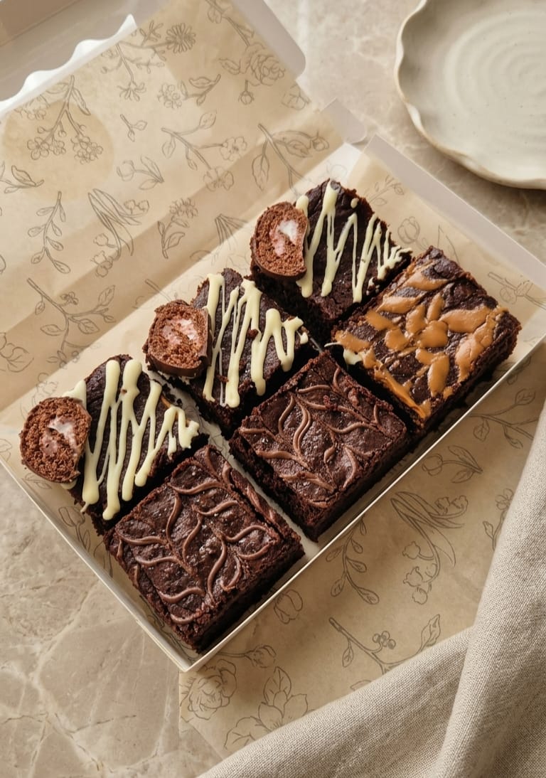 Fudge & Fables brownies in a box
